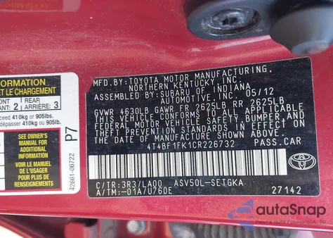 2012 Toyota Camry Xle z USA, uszkodzony, nr VIN 4T4BF1FK1CR226732